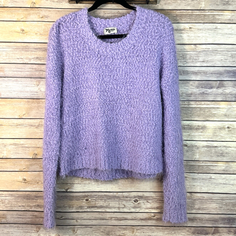 Show Me Your Mumu Lilac Purple Knubby Knit Cropped Varsity Fuzzy Sweater S